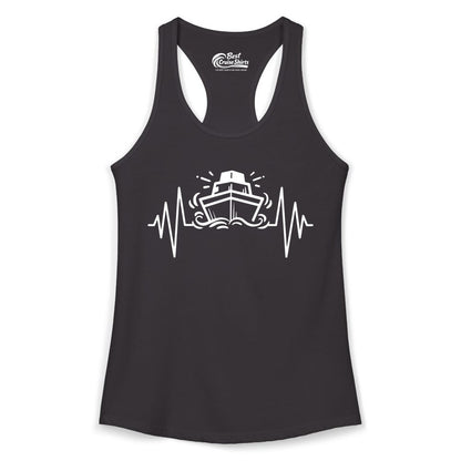 Cruise Heartbeat Shirt - Minimalist Ship Line Art Nautical Gift (Ladies Tank) in Black - Cruise Ship Heartbeat Line Minimalist Nautical Shirt for Enthusiasts