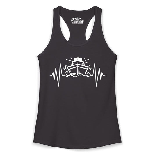 Cruise Heartbeat Shirt - Minimalist Ship Line Art Nautical Gift (Ladies Tank) in Black - Cruise Ship Heartbeat Line Minimalist Nautical Shirt for Enthusiasts