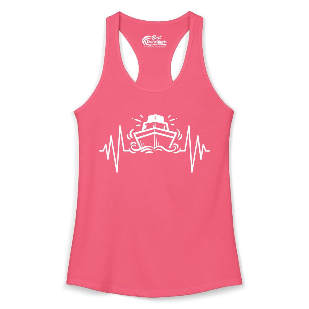 Cruise Heartbeat Shirt - Minimalist Ship Line Art Nautical Gift (Ladies Tank) in Hot Pink - Cruise Ship Heartbeat Line Minimalist Nautical Shirt for Enthusiasts