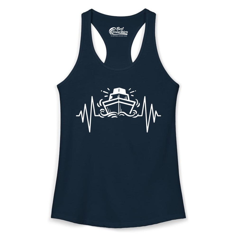 Cruise Heartbeat Shirt - Minimalist Ship Line Art Nautical Gift (Ladies Tank) in Solid Midnight Navy - Cruise Ship Heartbeat Line Minimalist Nautical Shirt for Enthusiasts