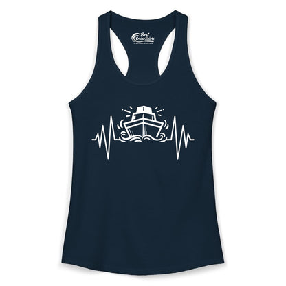 Cruise Heartbeat Shirt - Minimalist Ship Line Art Nautical Gift (Ladies Tank) in Solid Midnight Navy - Cruise Ship Heartbeat Line Minimalist Nautical Shirt for Enthusiasts