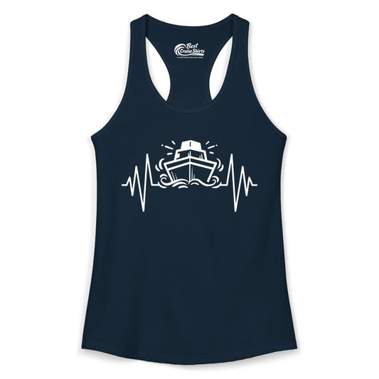 Cruise Heartbeat Shirt - Minimalist Ship Line Art Nautical Gift (Ladies Tank) in Solid Midnight Navy - Cruise Ship Heartbeat Line Minimalist Nautical Shirt for Enthusiasts