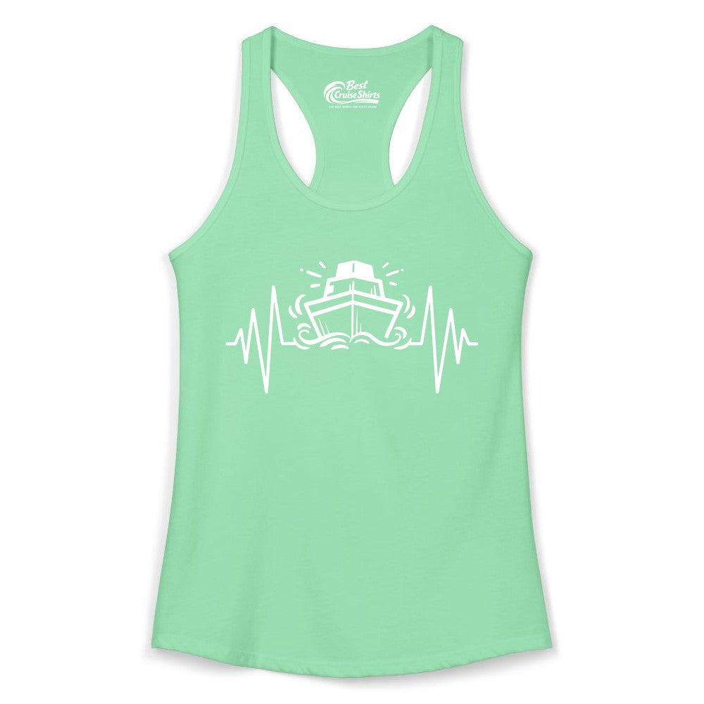 Cruise Heartbeat Shirt - Minimalist Ship Line Art Nautical Gift (Ladies Tank) in Solid Mint - Cruise Ship Heartbeat Line Minimalist Nautical Shirt for Enthusiasts