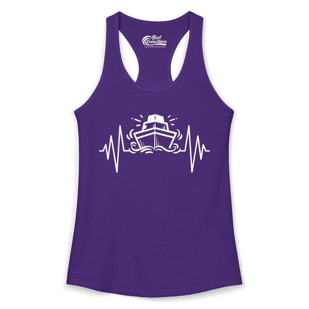 Cruise Heartbeat Shirt - Minimalist Ship Line Art Nautical Gift (Ladies Tank) in Solid Purple Rush - Cruise Ship Heartbeat Line Minimalist Nautical Shirt for Enthusiasts