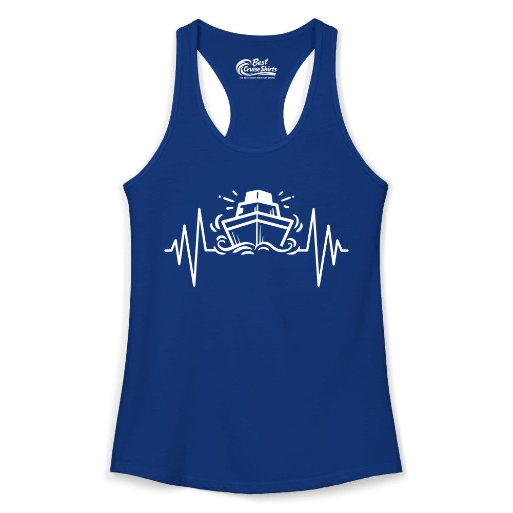 Cruise Heartbeat Shirt - Minimalist Ship Line Art Nautical Gift (Ladies Tank) in Solid Royal - Cruise Ship Heartbeat Line Minimalist Nautical Shirt for Enthusiasts