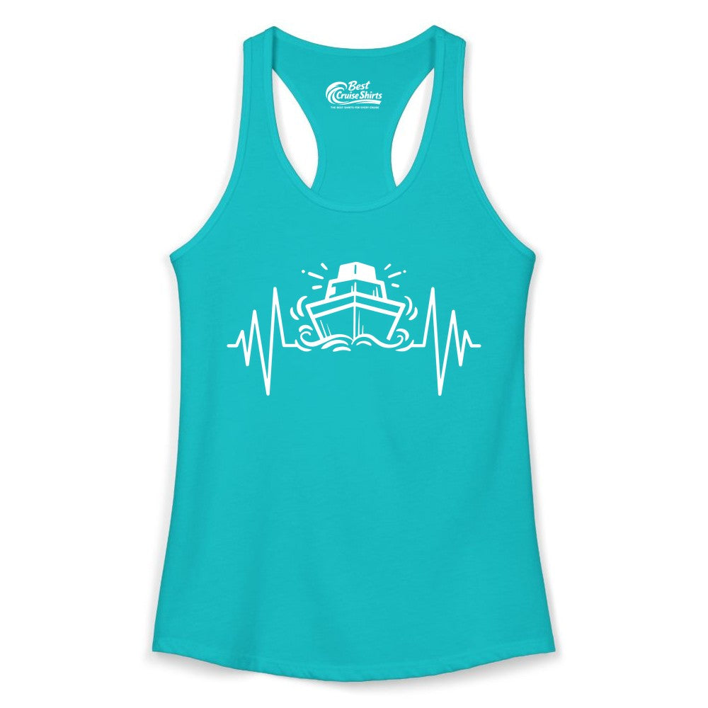 Cruise Heartbeat Shirt - Minimalist Ship Line Art Nautical Gift (Ladies Tank) in Tahiti Blue - Cruise Ship Heartbeat Line Minimalist Nautical Shirt for Enthusiasts