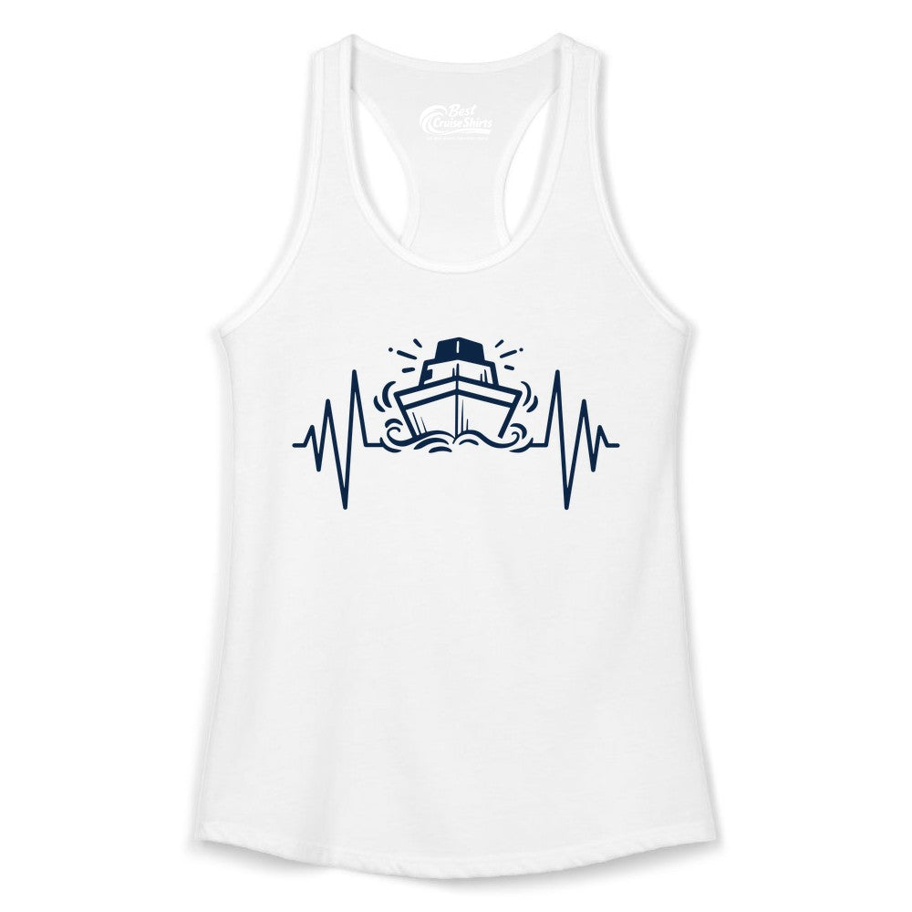 Cruise Heartbeat Shirt - Minimalist Ship Line Art Nautical Gift (Ladies Tank) in White - Cruise Ship Heartbeat Line Minimalist Nautical Shirt for Enthusiasts