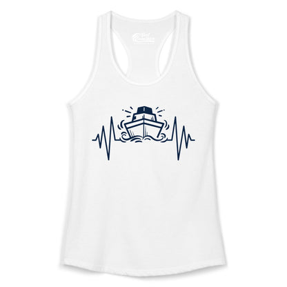 Cruise Heartbeat Shirt - Minimalist Ship Line Art Nautical Gift (Ladies Tank) in White - Cruise Ship Heartbeat Line Minimalist Nautical Shirt for Enthusiasts
