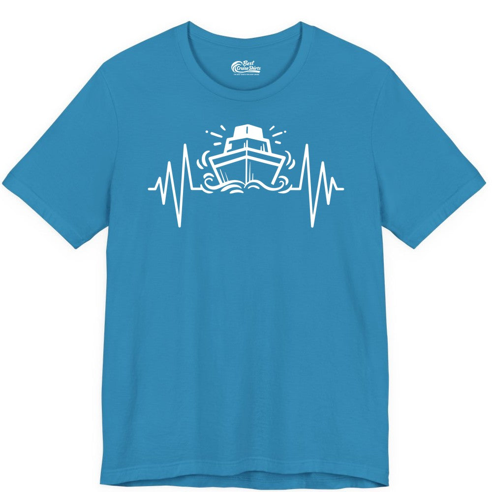 Cruise Heartbeat Shirt - Minimalist Ship Line Art Nautical Gift (Premium Tee) in Aqua - Cruise Ship Heartbeat Line Minimalist Nautical Shirt for Enthusiasts