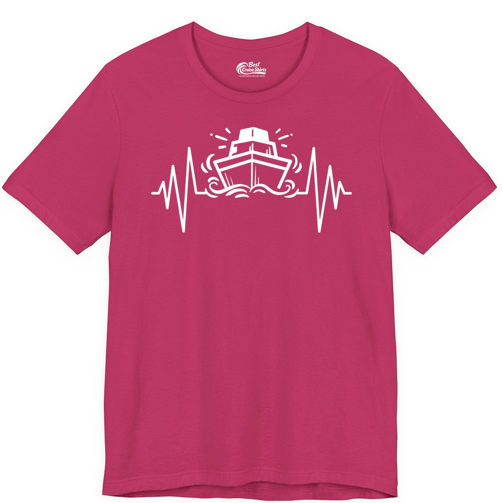 Cruise Heartbeat Shirt - Minimalist Ship Line Art Nautical Gift (Premium Tee) in Berry - Cruise Ship Heartbeat Line Minimalist Nautical Shirt for Enthusiasts