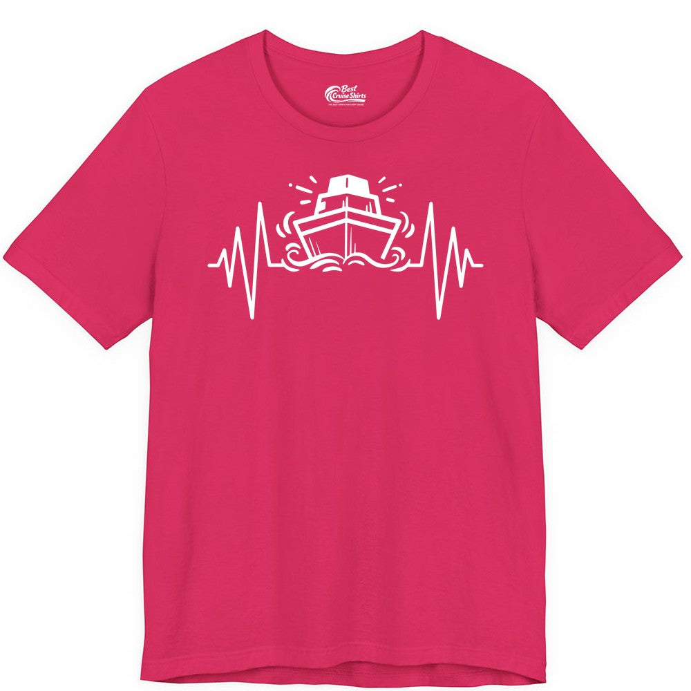 Cruise Heartbeat Shirt - Minimalist Ship Line Art Nautical Gift (Premium Tee) in Fuchsia - Cruise Ship Heartbeat Line Minimalist Nautical Shirt for Enthusiasts