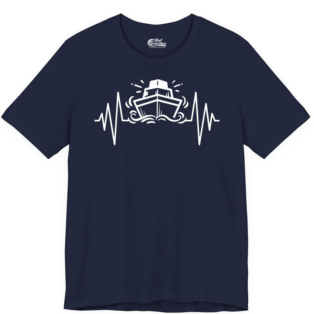 Cruise Heartbeat Shirt - Minimalist Ship Line Art Nautical Gift (Premium Tee) in Navy - Cruise Ship Heartbeat Line Minimalist Nautical Shirt for Enthusiasts