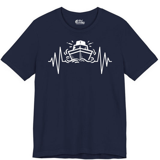 Cruise Heartbeat Shirt - Minimalist Ship Line Art Nautical Gift (Premium Tee) in Navy - Cruise Ship Heartbeat Line Minimalist Nautical Shirt for Enthusiasts