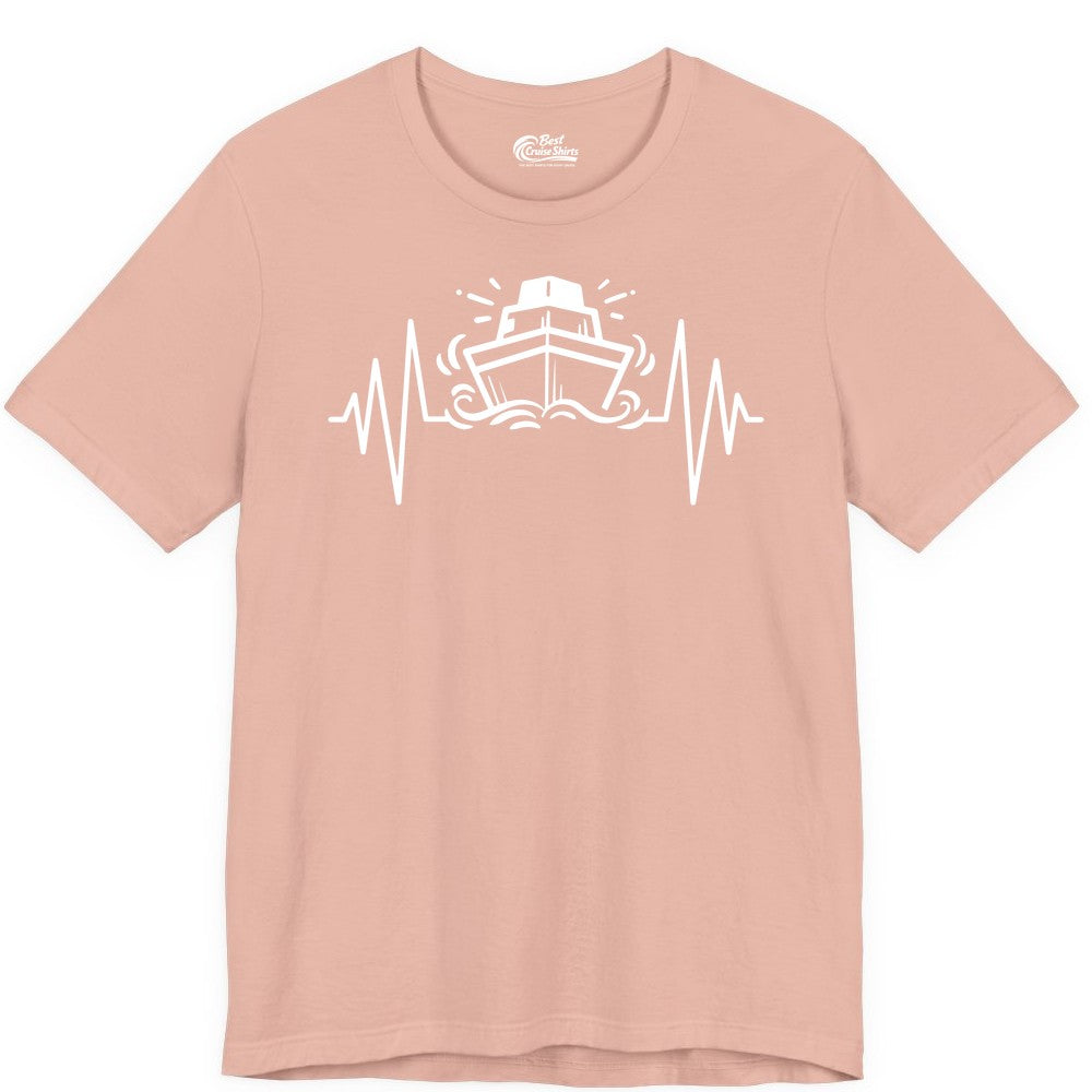 Cruise Heartbeat Shirt - Minimalist Ship Line Art Nautical Gift (Premium Tee) in Peach - Cruise Ship Heartbeat Line Minimalist Nautical Shirt for Enthusiasts