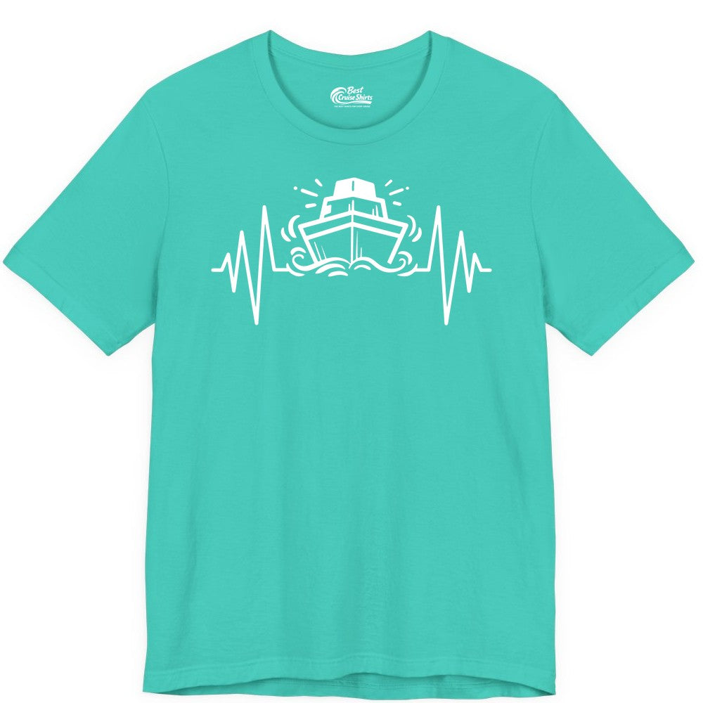 Cruise Heartbeat Shirt - Minimalist Ship Line Art Nautical Gift (Premium Tee) in Teal - Cruise Ship Heartbeat Line Minimalist Nautical Shirt for Enthusiasts
