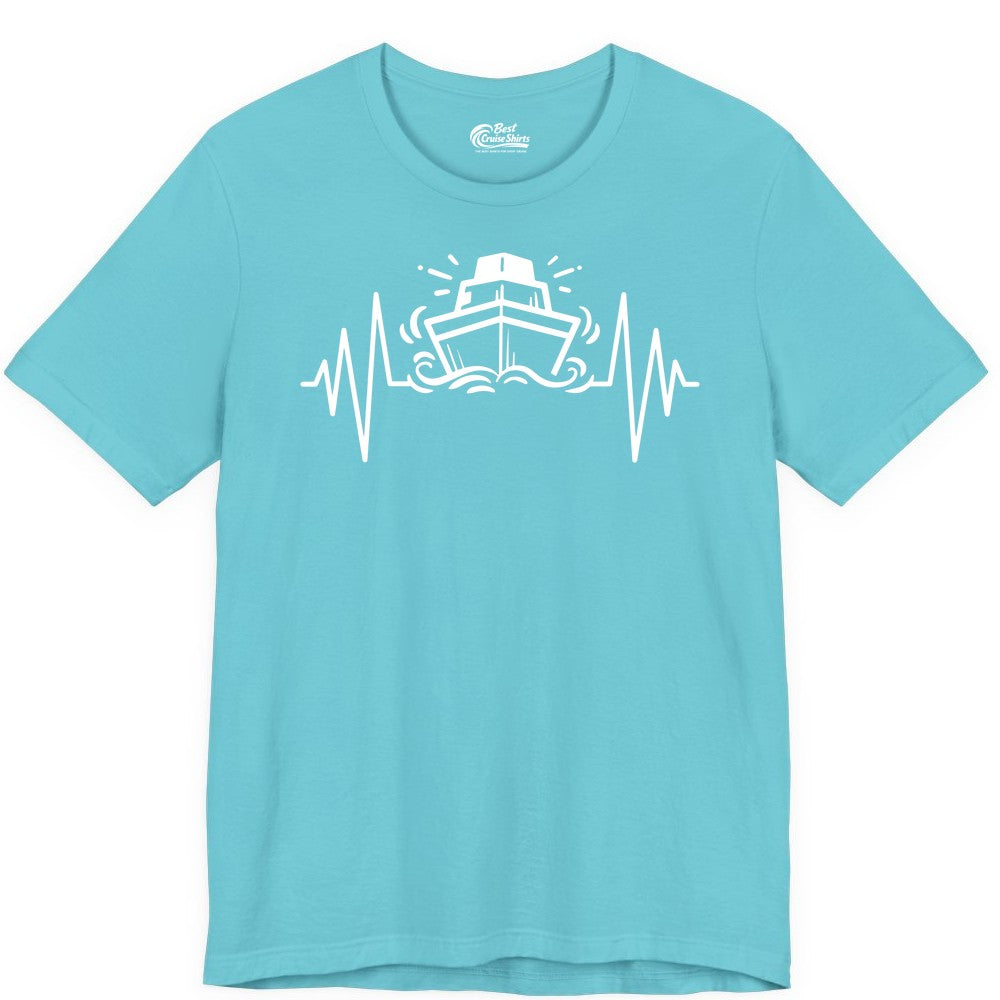 Cruise Heartbeat Shirt - Minimalist Ship Line Art Nautical Gift (Premium Tee) in Turquoise - Cruise Ship Heartbeat Line Minimalist Nautical Shirt for Enthusiasts