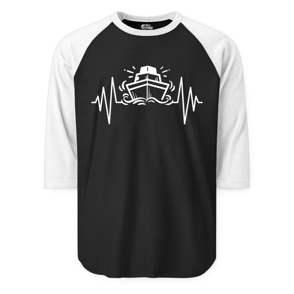 Cruise Heartbeat Shirt - Minimalist Ship Line Art Nautical Gift (Raglan) in BlackWhite - Cruise Ship Heartbeat Line Minimalist Nautical Shirt for Enthusiasts