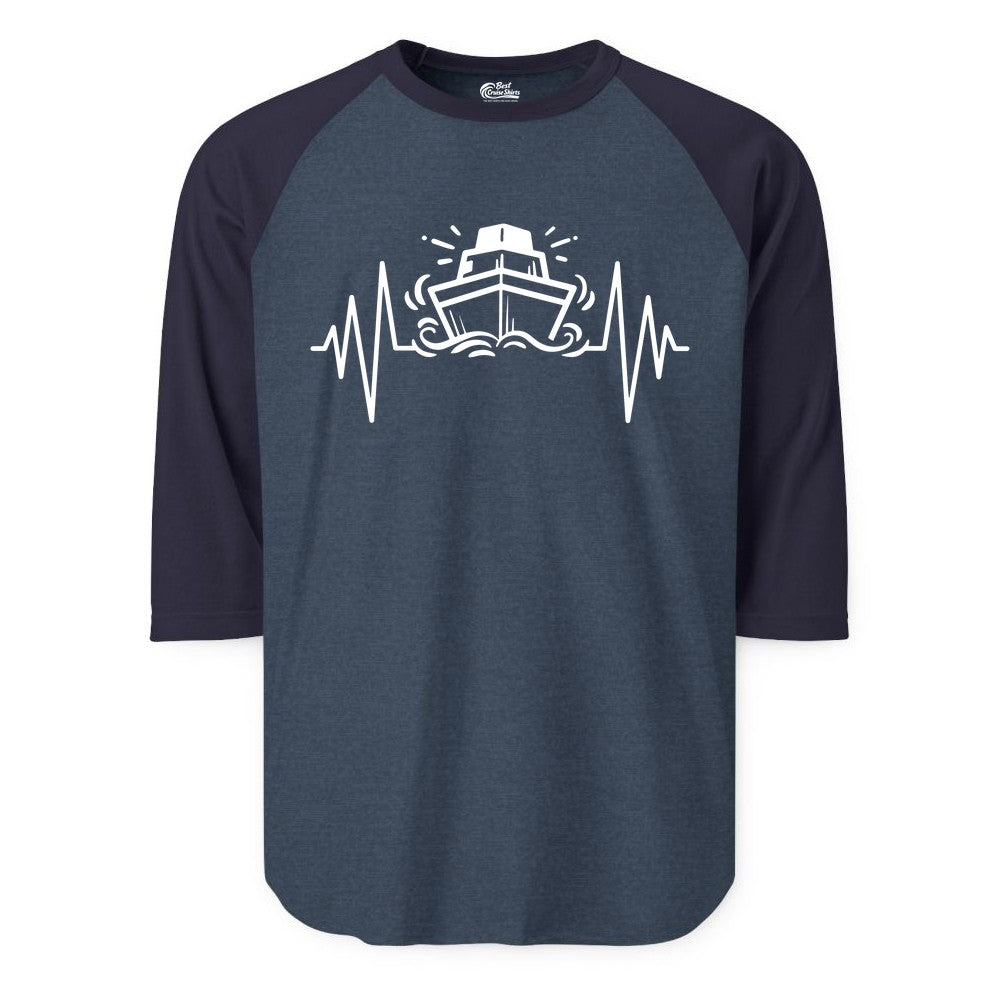Cruise Heartbeat Shirt - Minimalist Ship Line Art Nautical Gift (Raglan) in Heather DenimNavy - Cruise Ship Heartbeat Line Minimalist Nautical Shirt for Enthusiasts