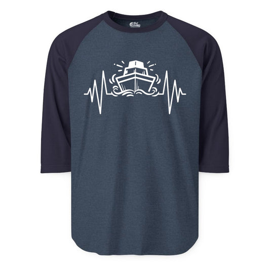 Cruise Heartbeat Shirt - Minimalist Ship Line Art Nautical Gift (Raglan) in Heather DenimNavy - Cruise Ship Heartbeat Line Minimalist Nautical Shirt for Enthusiasts