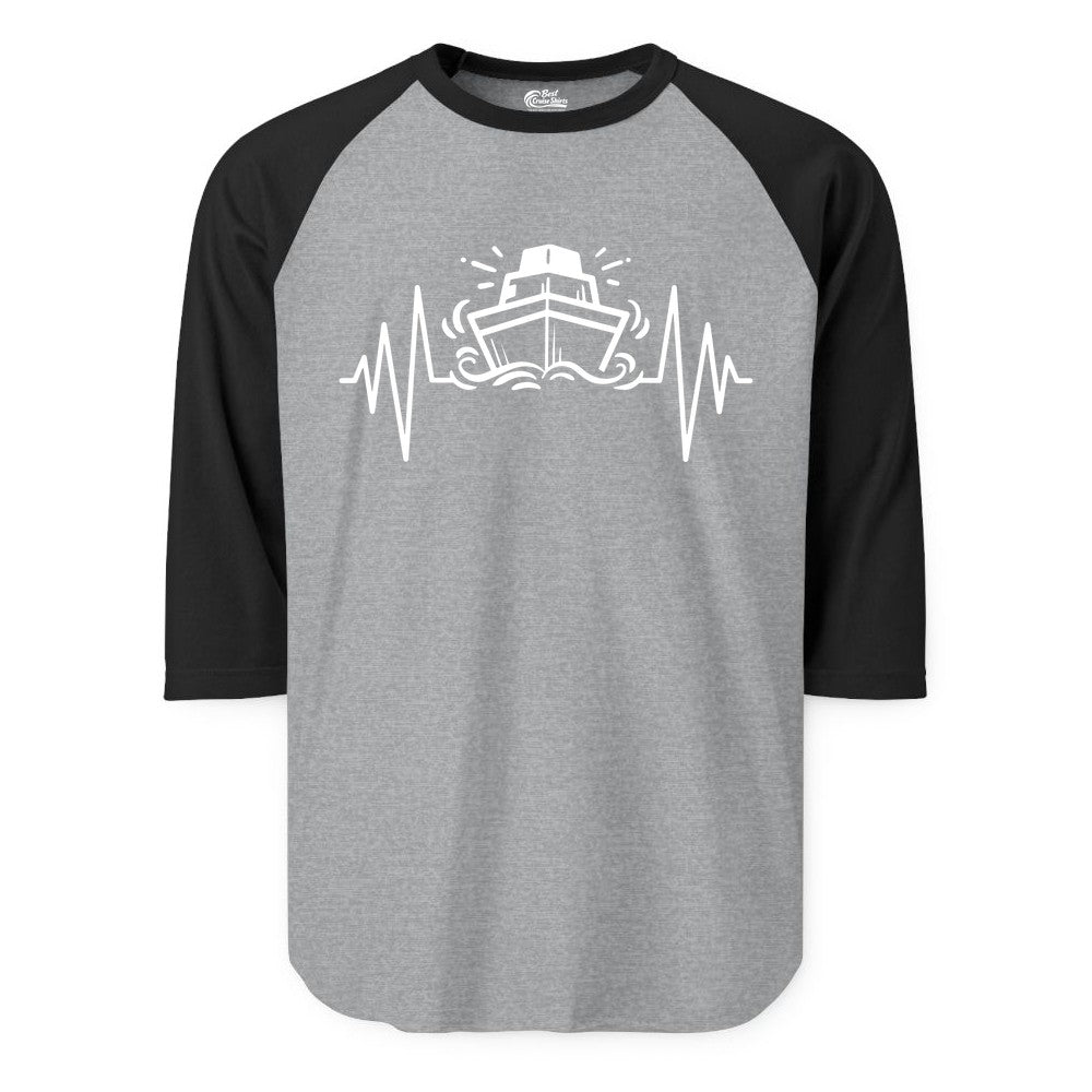 Cruise Heartbeat Shirt - Minimalist Ship Line Art Nautical Gift (Raglan) in Heather GreyBlack - Cruise Ship Heartbeat Line Minimalist Nautical Shirt for Enthusiasts