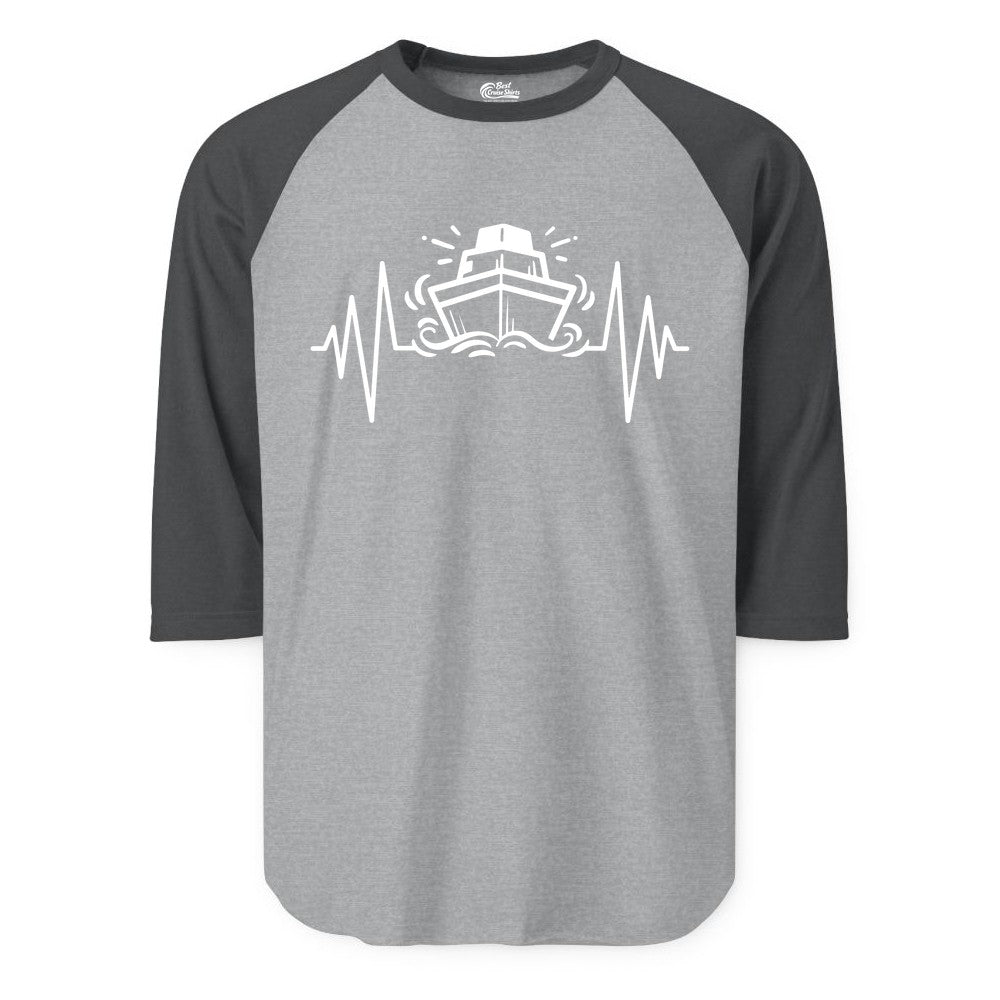 Cruise Heartbeat Shirt - Minimalist Ship Line Art Nautical Gift (Raglan) in Heather GreyHeather Charcoal - Cruise Ship Heartbeat Line Minimalist Nautical Shirt for Enthusiasts