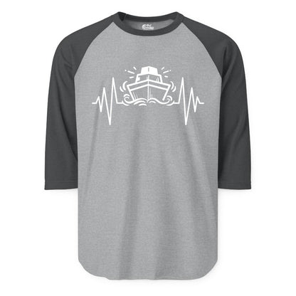 Cruise Heartbeat Shirt - Minimalist Ship Line Art Nautical Gift (Raglan) in Heather GreyHeather Charcoal - Cruise Ship Heartbeat Line Minimalist Nautical Shirt for Enthusiasts