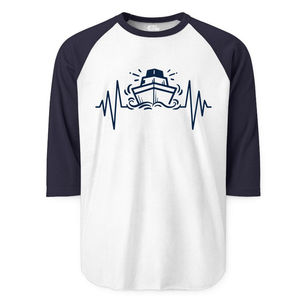 Cruise Heartbeat Shirt - Minimalist Ship Line Art Nautical Gift (Raglan) in WhiteNavy - Cruise Ship Heartbeat Line Minimalist Nautical Shirt for Enthusiasts