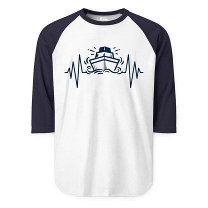 Cruise Heartbeat Shirt - Minimalist Ship Line Art Nautical Gift (Raglan) in WhiteNavy - Cruise Ship Heartbeat Line Minimalist Nautical Shirt for Enthusiasts