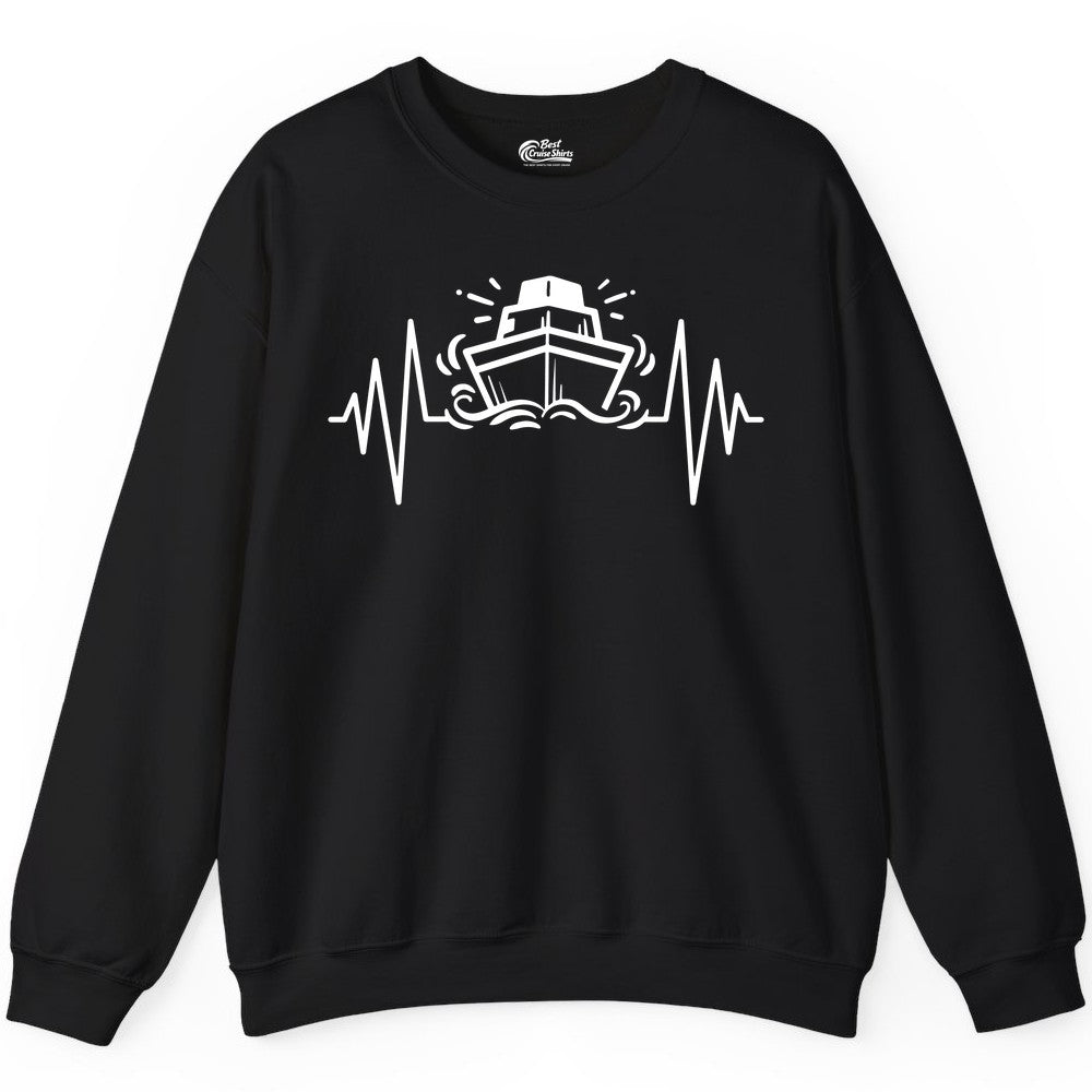 Cruise Heartbeat Shirt - Minimalist Ship Line Art Nautical Gift (Sweatshirt) in Black - Cruise Ship Heartbeat Line Minimalist Nautical Shirt for Enthusiasts