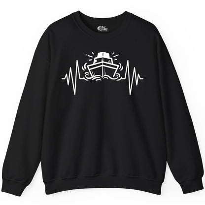 Cruise Heartbeat Shirt - Minimalist Ship Line Art Nautical Gift (Sweatshirt) in Black - Cruise Ship Heartbeat Line Minimalist Nautical Shirt for Enthusiasts