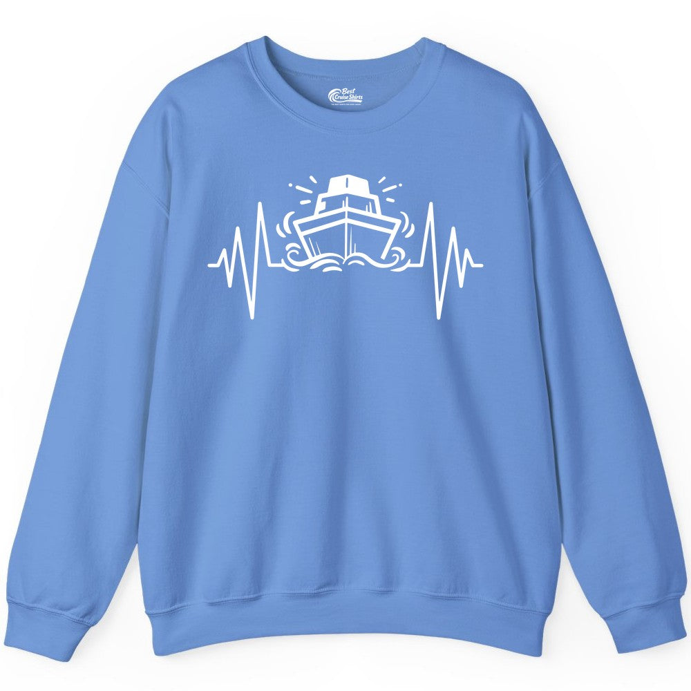 Cruise Heartbeat Shirt - Minimalist Ship Line Art Nautical Gift (Sweatshirt) in Carolina Blue - Cruise Ship Heartbeat Line Minimalist Nautical Shirt for Enthusiasts