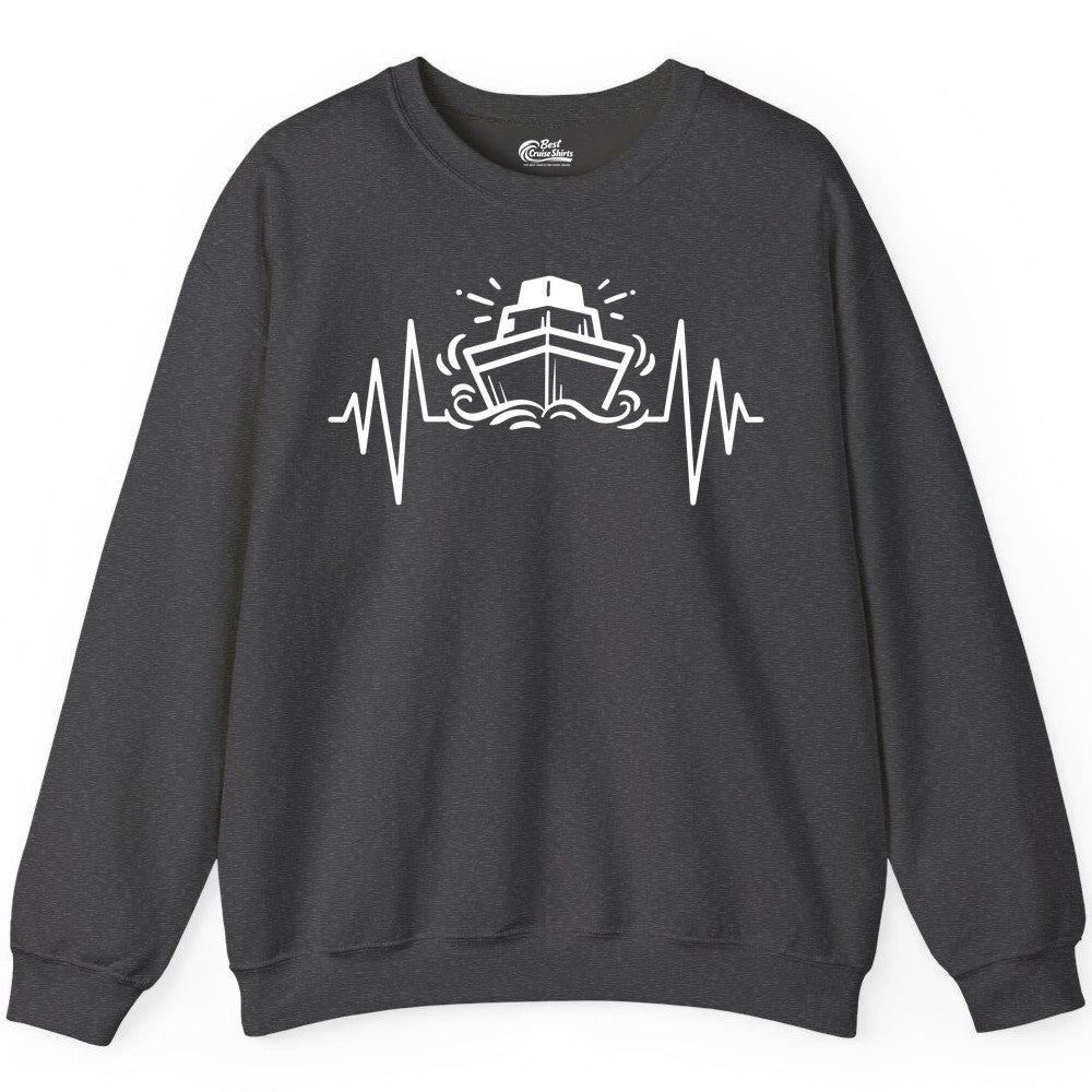 Cruise Heartbeat Shirt - Minimalist Ship Line Art Nautical Gift (Sweatshirt) in Dark Heather - Cruise Ship Heartbeat Line Minimalist Nautical Shirt for Enthusiasts