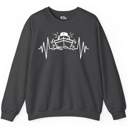 Cruise Heartbeat Shirt - Minimalist Ship Line Art Nautical Gift (Sweatshirt) in Dark Heather - Cruise Ship Heartbeat Line Minimalist Nautical Shirt for Enthusiasts