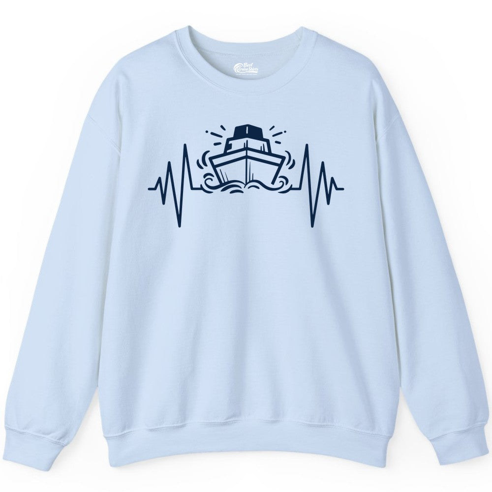 Cruise Heartbeat Shirt - Minimalist Ship Line Art Nautical Gift (Sweatshirt) in Light Blue - Cruise Ship Heartbeat Line Minimalist Nautical Shirt for Enthusiasts