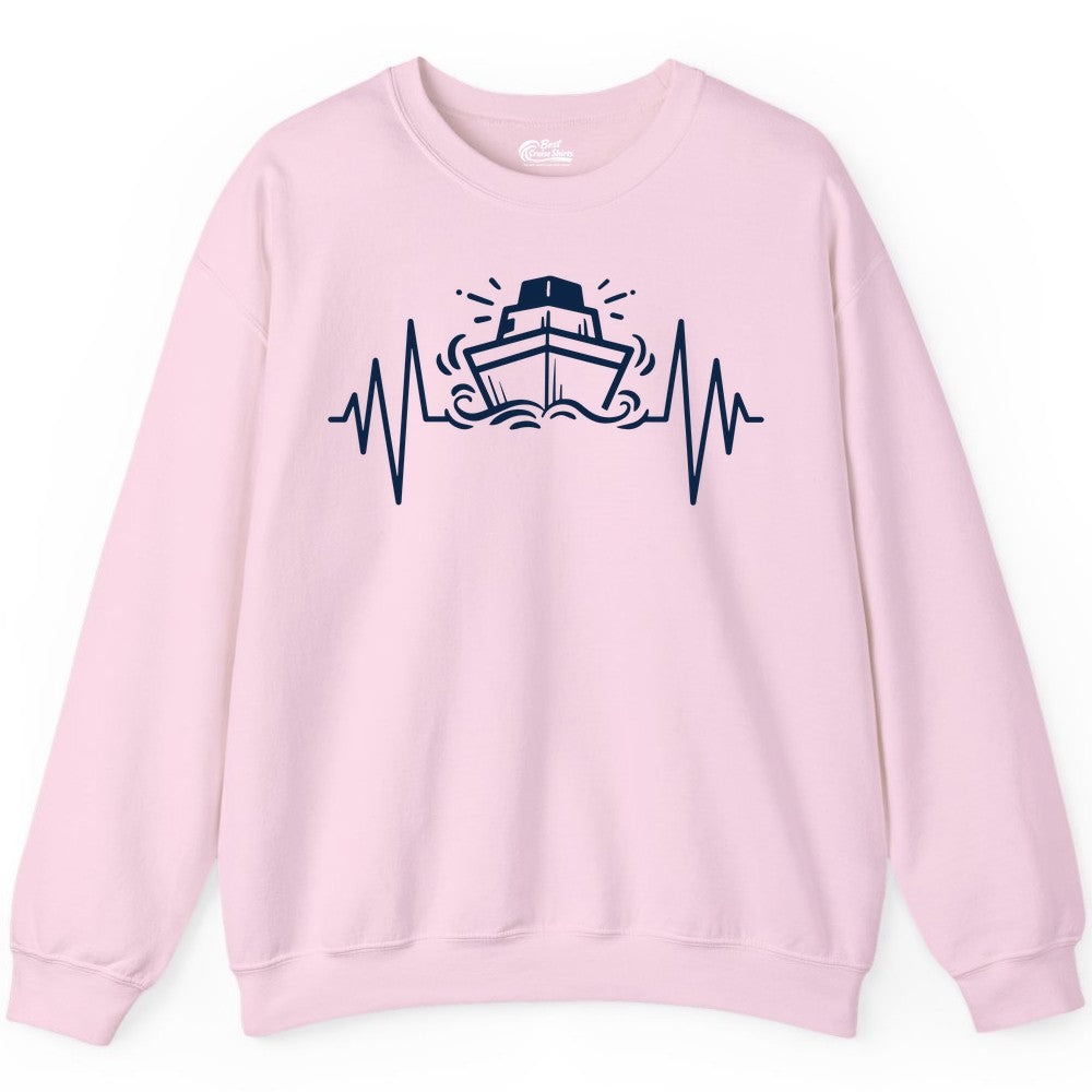 Cruise Heartbeat Shirt - Minimalist Ship Line Art Nautical Gift (Sweatshirt) in Light Pink - Cruise Ship Heartbeat Line Minimalist Nautical Shirt for Enthusiasts