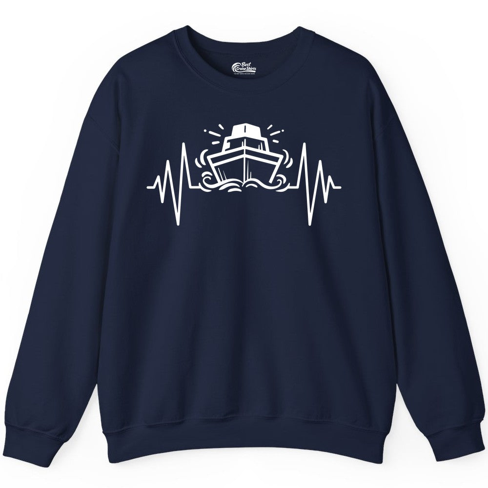 Cruise Heartbeat Shirt - Minimalist Ship Line Art Nautical Gift (Sweatshirt) in Navy - Cruise Ship Heartbeat Line Minimalist Nautical Shirt for Enthusiasts