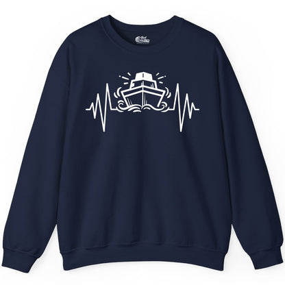Cruise Heartbeat Shirt - Minimalist Ship Line Art Nautical Gift (Sweatshirt) in Navy - Cruise Ship Heartbeat Line Minimalist Nautical Shirt for Enthusiasts