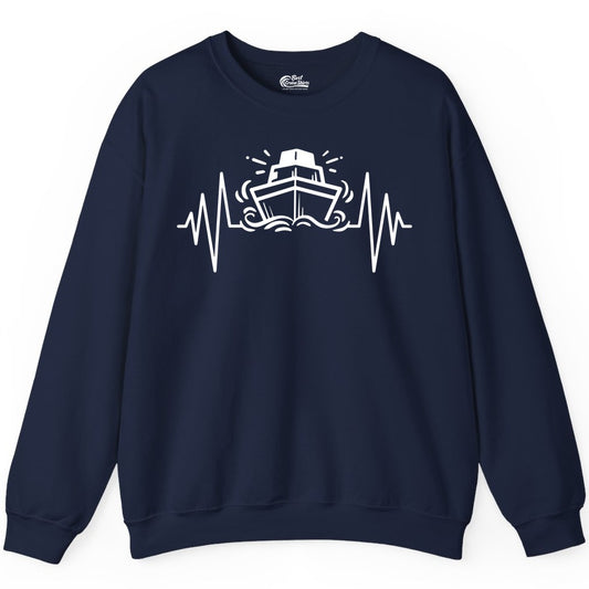 Cruise Heartbeat Shirt - Minimalist Ship Line Art Nautical Gift (Sweatshirt) in Navy - Cruise Ship Heartbeat Line Minimalist Nautical Shirt for Enthusiasts