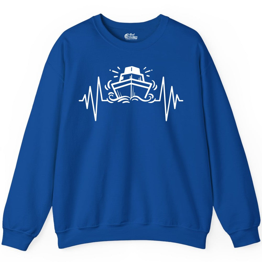 Cruise Heartbeat Shirt - Minimalist Ship Line Art Nautical Gift (Sweatshirt) in Royal - Cruise Ship Heartbeat Line Minimalist Nautical Shirt for Enthusiasts