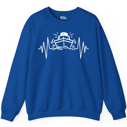 Cruise Heartbeat Shirt - Minimalist Ship Line Art Nautical Gift (Sweatshirt) in Royal - Cruise Ship Heartbeat Line Minimalist Nautical Shirt for Enthusiasts