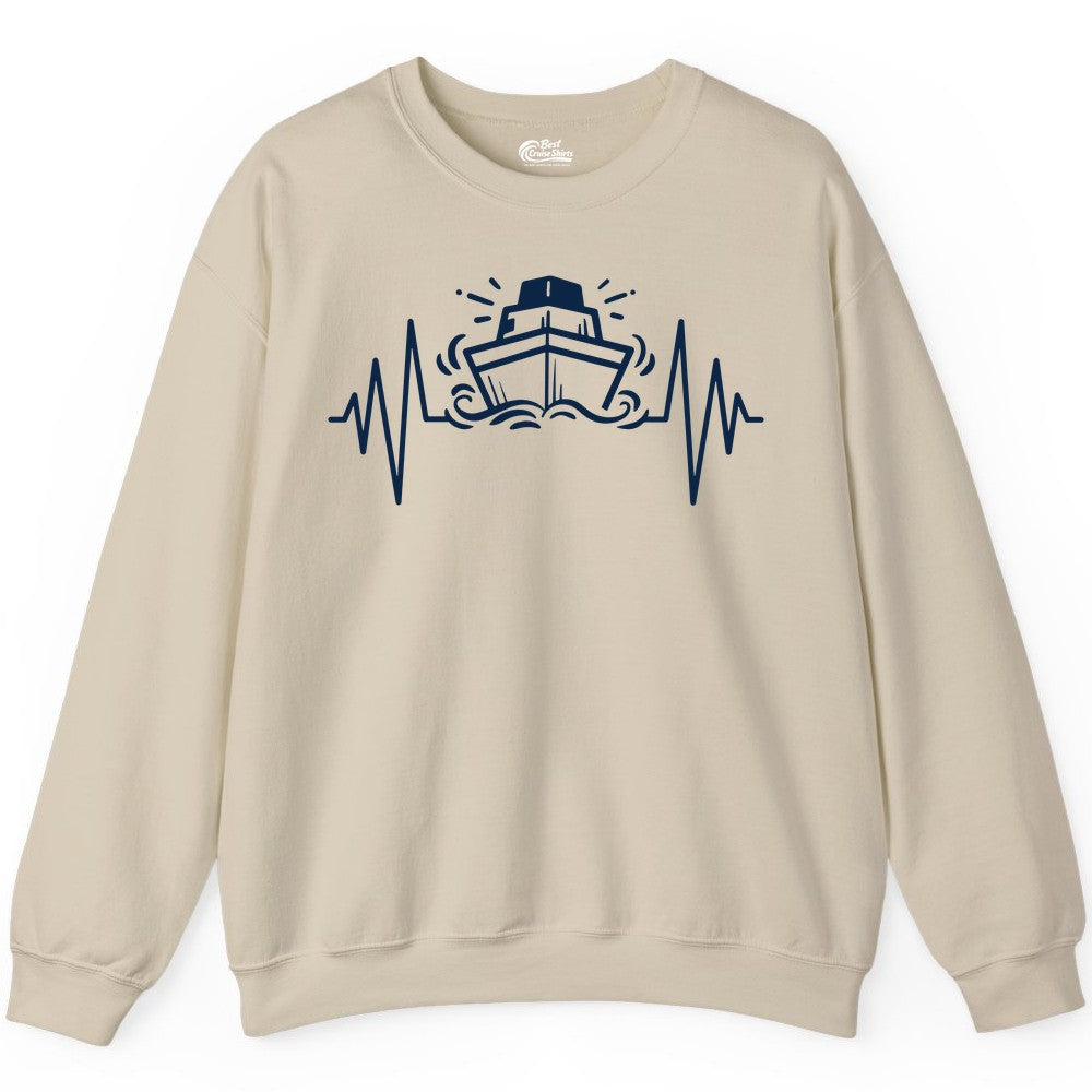 Cruise Heartbeat Shirt - Minimalist Ship Line Art Nautical Gift (Sweatshirt) in Sand - Cruise Ship Heartbeat Line Minimalist Nautical Shirt for Enthusiasts