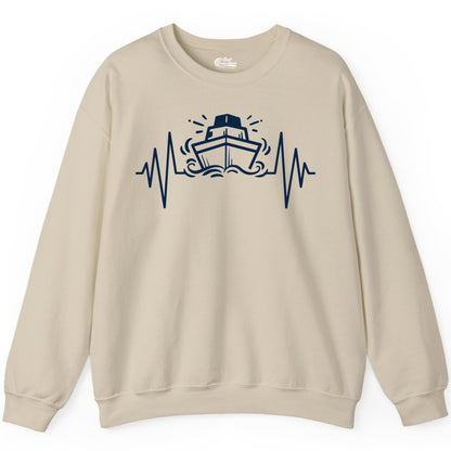 Cruise Heartbeat Shirt - Minimalist Ship Line Art Nautical Gift (Sweatshirt) in Sand - Cruise Ship Heartbeat Line Minimalist Nautical Shirt for Enthusiasts