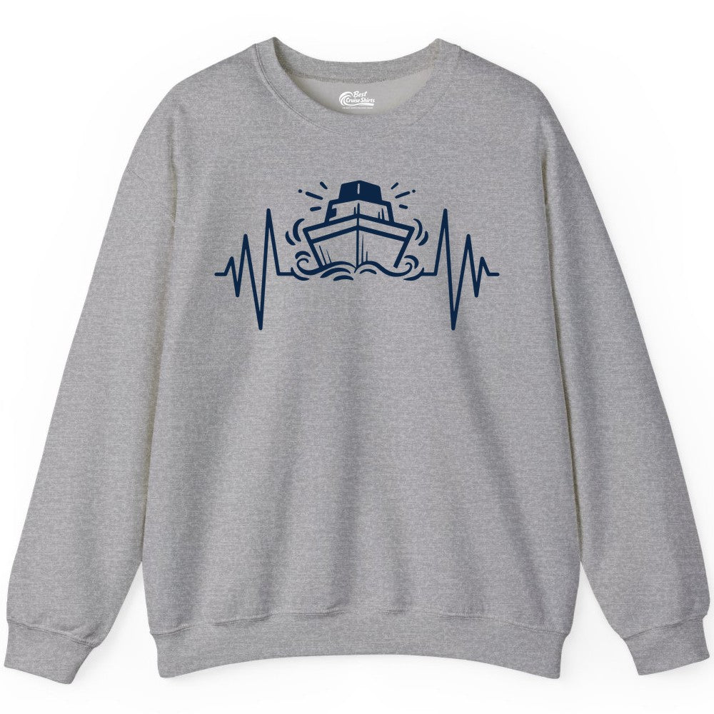 Cruise Heartbeat Shirt - Minimalist Ship Line Art Nautical Gift (Sweatshirt) in Sport Grey - Cruise Ship Heartbeat Line Minimalist Nautical Shirt for Enthusiasts