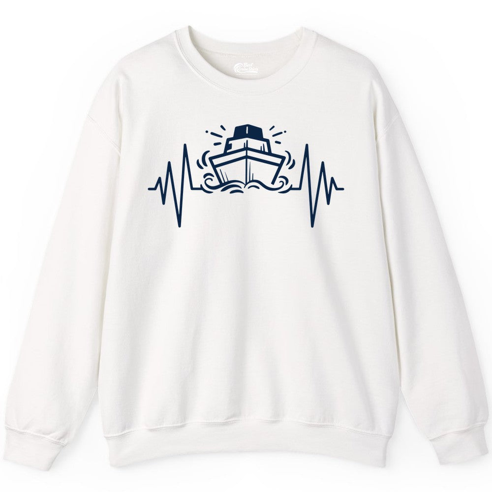 Cruise Heartbeat Shirt - Minimalist Ship Line Art Nautical Gift (Sweatshirt) in White - Cruise Ship Heartbeat Line Minimalist Nautical Shirt for Enthusiasts