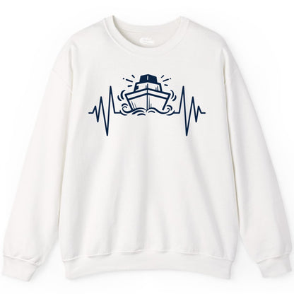 Cruise Heartbeat Shirt - Minimalist Ship Line Art Nautical Gift (Sweatshirt) in White - Cruise Ship Heartbeat Line Minimalist Nautical Shirt for Enthusiasts