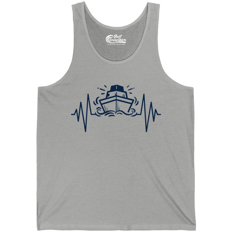 Cruise Heartbeat Shirt - Minimalist Ship Line Art Nautical Gift (Tank Top) in Athletic Heather - Cruise Ship Heartbeat Line Minimalist Nautical Shirt for Enthusiasts