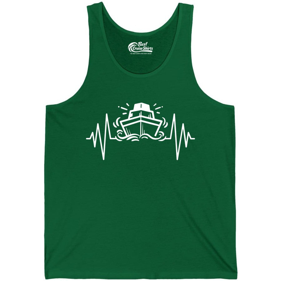 Cruise Heartbeat Shirt - Minimalist Ship Line Art Nautical Gift (Tank Top) in Kelly - Cruise Ship Heartbeat Line Minimalist Nautical Shirt for Enthusiasts