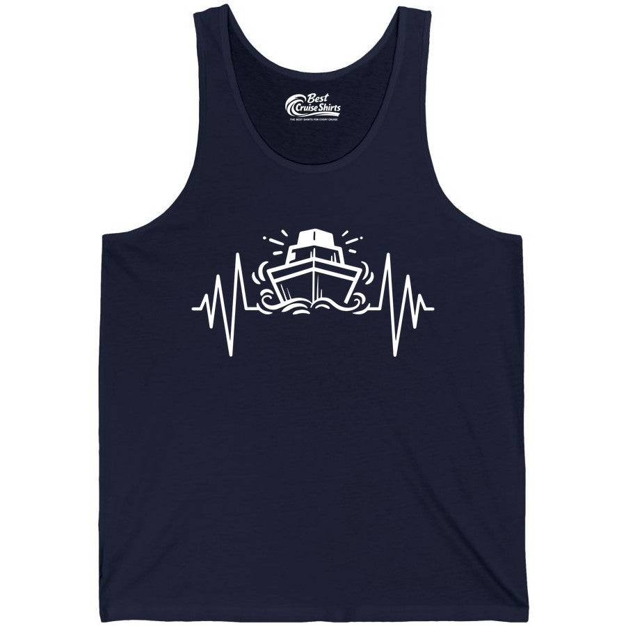 Cruise Heartbeat Shirt - Minimalist Ship Line Art Nautical Gift (Tank Top) in Navy - Cruise Ship Heartbeat Line Minimalist Nautical Shirt for Enthusiasts
