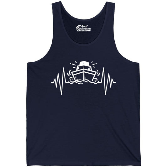 Cruise Heartbeat Shirt - Minimalist Ship Line Art Nautical Gift (Tank Top) in Navy - Cruise Ship Heartbeat Line Minimalist Nautical Shirt for Enthusiasts