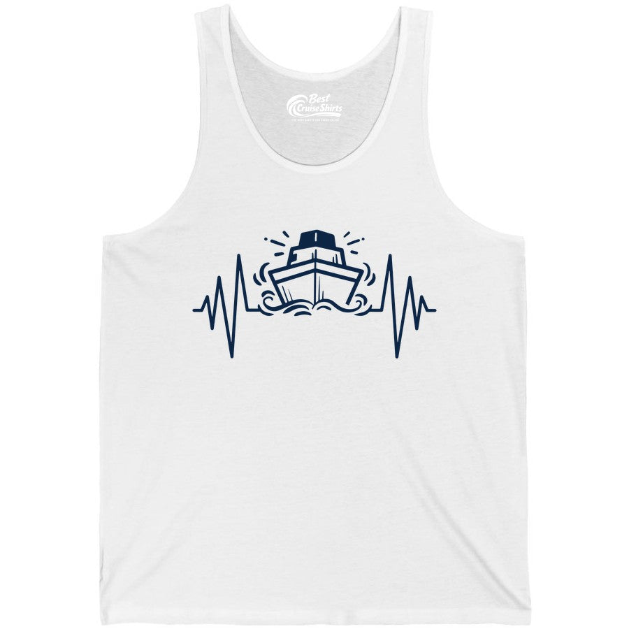 Cruise Heartbeat Shirt - Minimalist Ship Line Art Nautical Gift (Tank Top) in White - Cruise Ship Heartbeat Line Minimalist Nautical Shirt for Enthusiasts